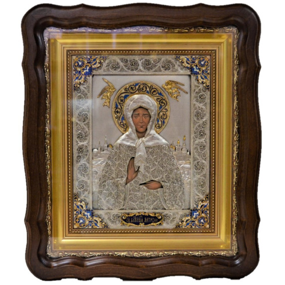 Икона из серебра "Святая блаженная Матрона" в фигурной раме