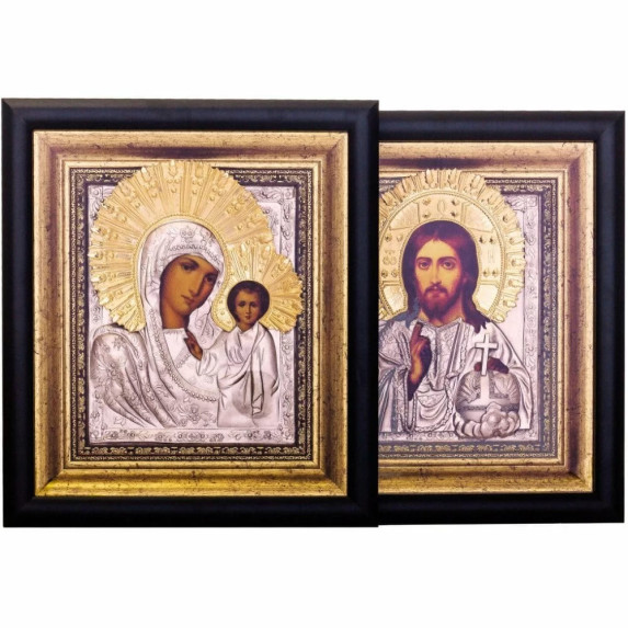 Венчальные иконы "Богородица и Спаситель" серебряные