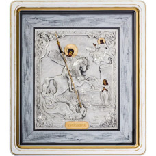 Икона "Святой Юрий Змееборец" серебряная в белой раме Икона "Святой Юрий Змееборец" серебряная в белой раме