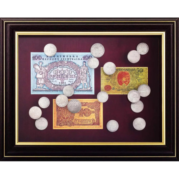 Коллаж с купюрами и монетами