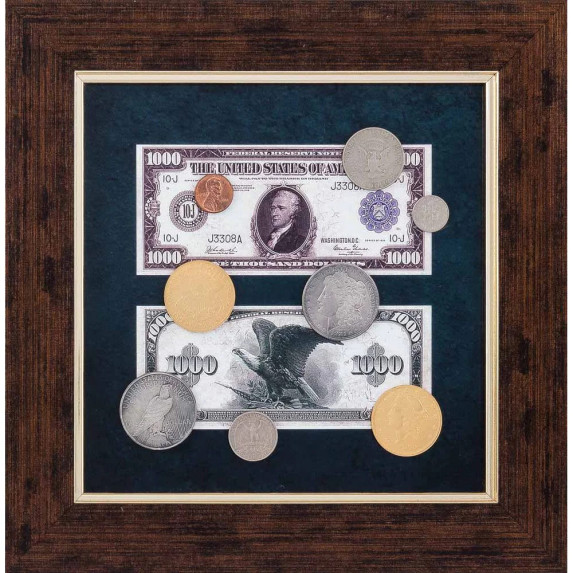 Коллаж "1000 долларов США с монетами"