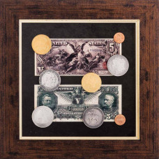 Коллаж "Серебряный сертификат 5 долларов США 1896г" с монетами Коллаж "Серебряный сертификат 5 долларов США 1896г" с монетами