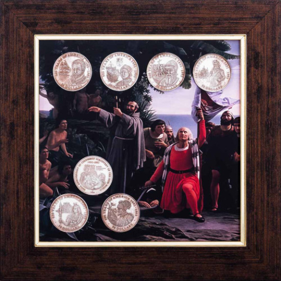 Коллаж "500 лет открытия Америки: 1492-1992 г." с монетами