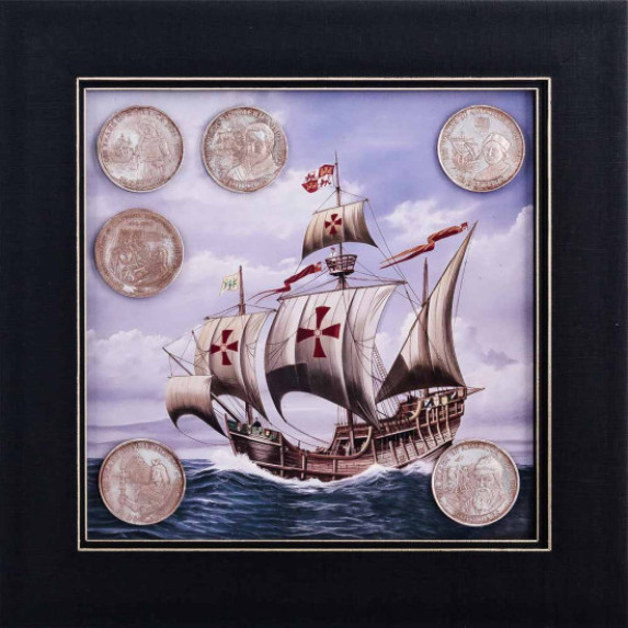 Коллаж "500 лет открытия Америки" с монетами