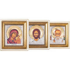 Икона "Богородица Казанская, Николай Чудотворец и Спаситель" в позолоте