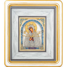 Икона Святая Богородица Семистрельная посеребренная в белой раме
