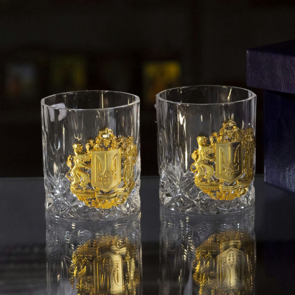 Подарочный набор стаканов для виски с большим гербом Украины в кожаном футляре