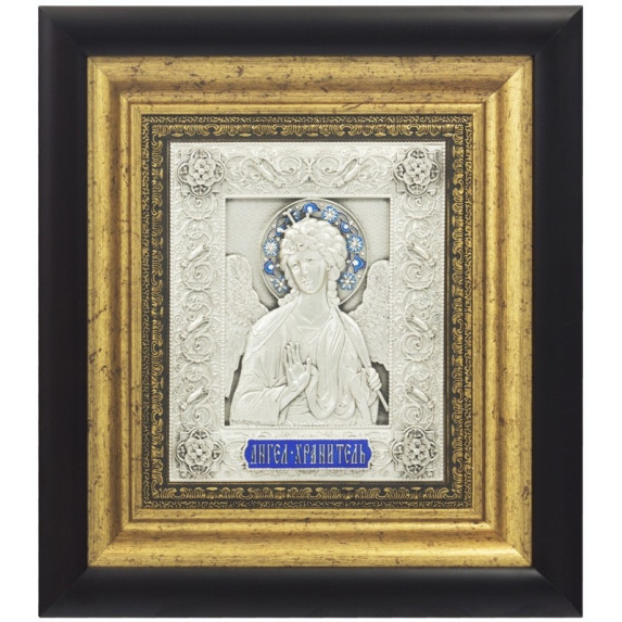 Серебряная икона с эмалями "Ангел Хранитель" 31х28см