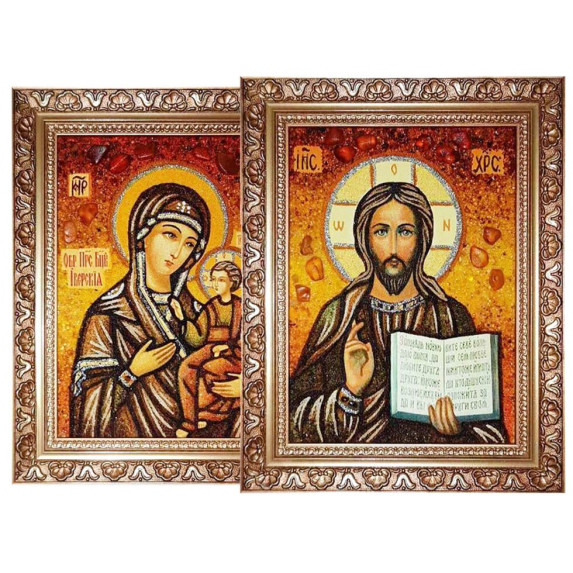 Янтарная венчальная пара "Иисус Христос и Богородица Иверская" 80x120