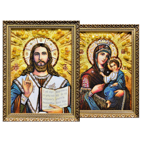 Янтарная венчальная пара "Спаситель и Богородица" 15x20 Янтарная венчальная пара "Спаситель и Богородица" 15x20