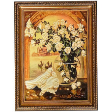 Картина из янтаря "Белые голуби и розы" 20x30
