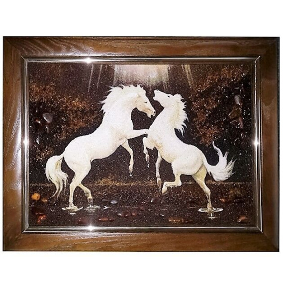Картина из янтаря "Пара белых коней" 20x30